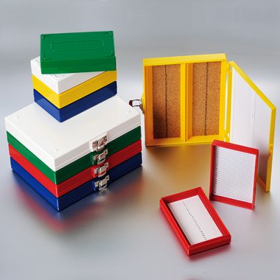 25-Place (5.5 x 3.75 x 1.25) Asst. Color Non-Sterile ABS Slide Storage Box w/ Cork Lining. 20/Pk