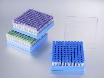 2" 100 Well Blue Polycarbonate Scan-Ready Autoclavable Cryogenic Storage Box, 12Pk