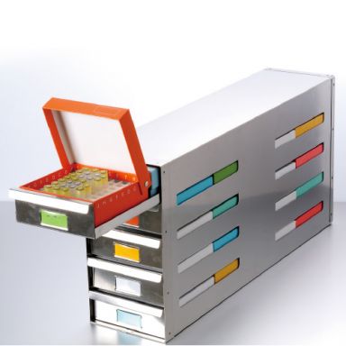 SS 4x5 Freezer Rack w/ Sliding Drawers. Fits 20 Standard 2in Storage Boxes. 1/Pk