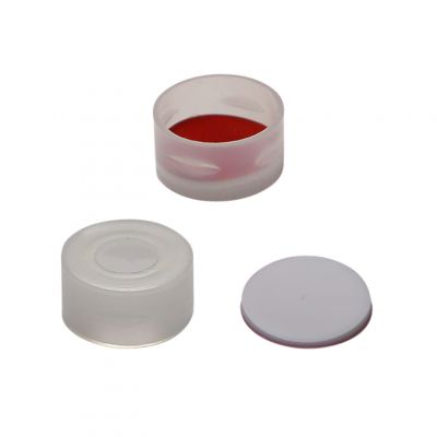 Snap Top 11mm Pre-Slit Natural Plastic Vial Cap w/ White PTFE/Red Silicone Septa, 100/Pk