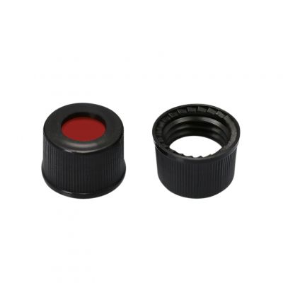Screw Top 9mm Pre-Slit Black Plastic Vial Cap w/ White PTFE/Red Silicone Septa, 100/Pk