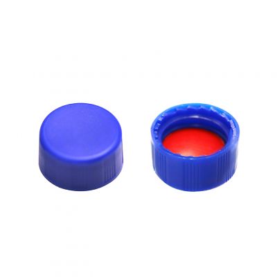 Screw Top 9mm Blue Plastic Vial Cap w/ Red PTFE/White Silicone Septa, 100/Pk
