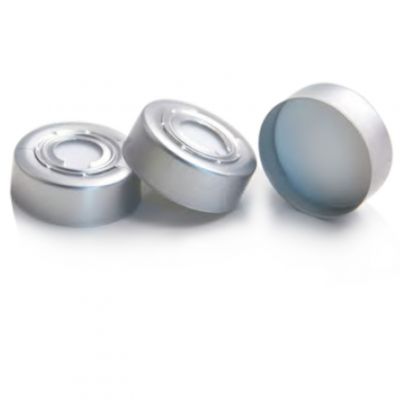 White PTFE/ Silicone Septa, 20mm Press. Release Headspace Cap, 9.5mm Centre Hole, 100/Pk