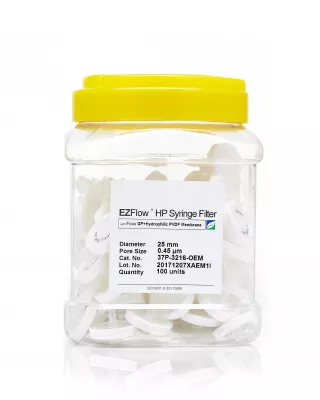 EZFlow Hydrophilic Glass Fiber Syringe Filter, 0.45um, 25mm, Nonsterile, w/ GF Prefilter, 100/PK