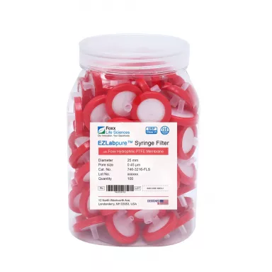 EZlabpure(TM) PES Syringe Filters, 0.22 um Sterilizing Membrane, 33 mm,Sterile, 100/PK