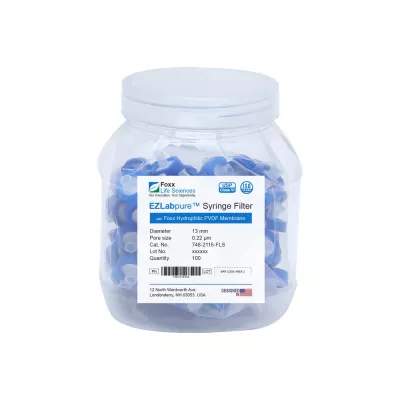 EZlabpure Hydrophilic PTFE Syringe Filter, 0.22um, 33mm, Nonsterile, 100/PK