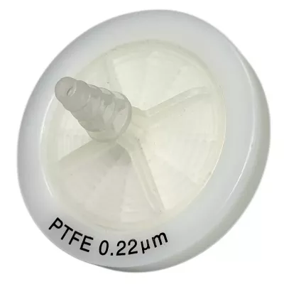 Sterile PTFE Inline Filter, 0.45&micro;m, 50mm, Hydrophobic, 1/4"-3/8" Barb Ports, 10/pk
